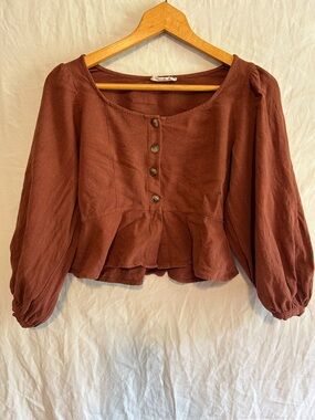 Prairie Chic Linen-Blend Balloon Sleeve Button Front Blouse